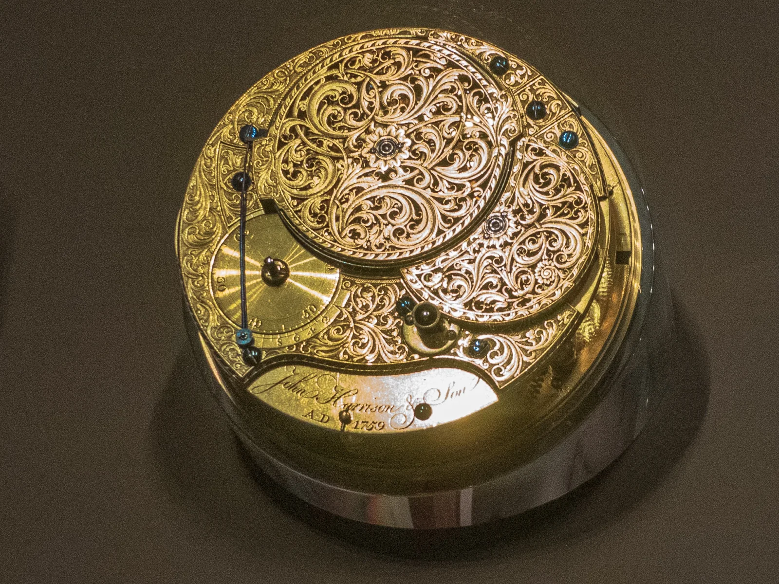 Exposed, richly engraved movement of John Harrison's H4 marine timekeeper from 1759