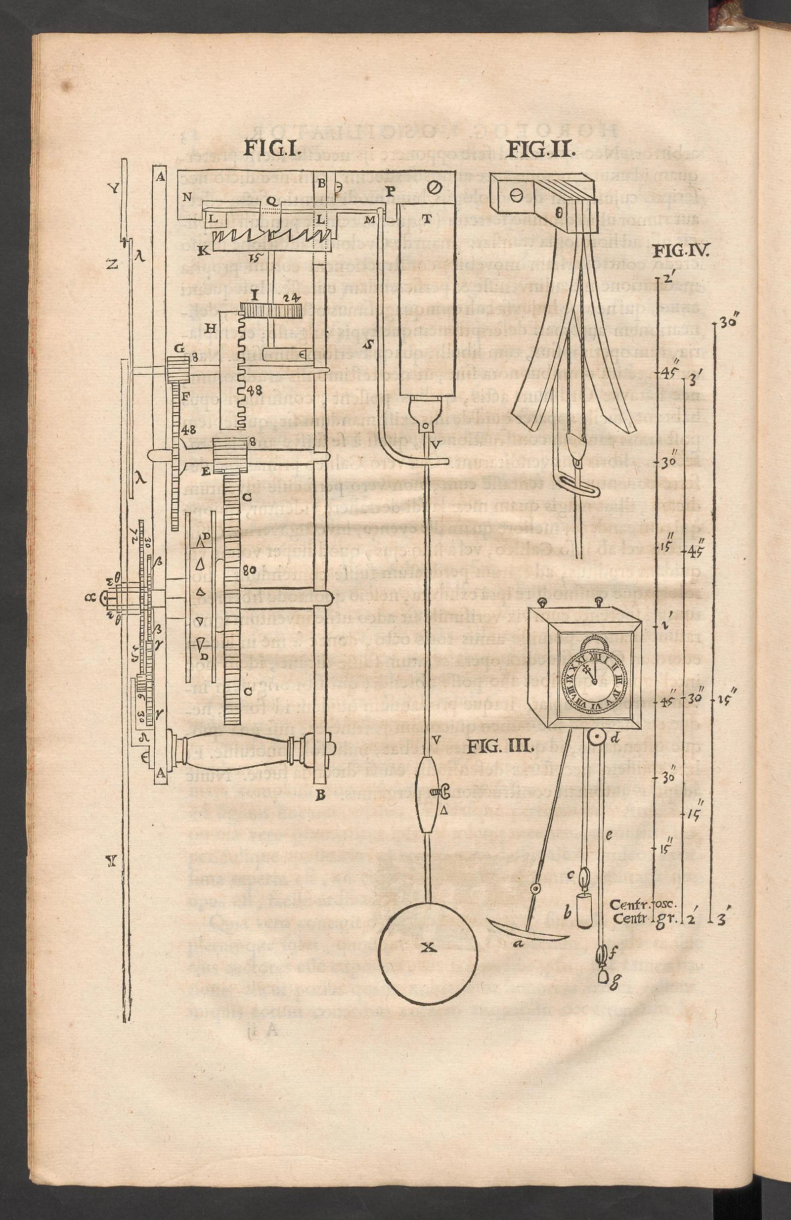 Historic book page with Huygens' drawings of a pendulum, an escapement and a pendulum clock