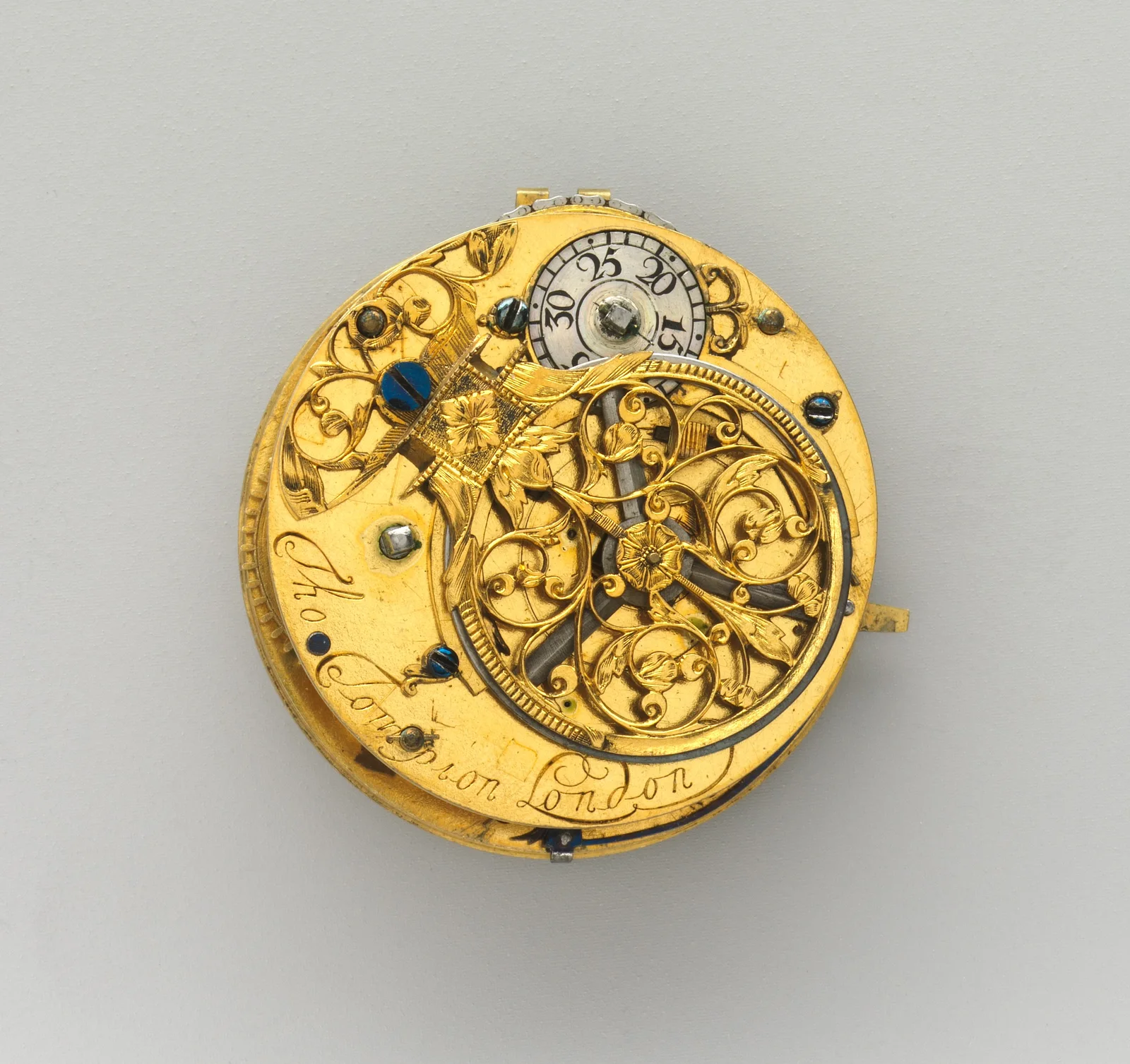 Back of a gold pocket-watch movement by Thomas Tompion, showing an openworked balance cock, wheels and regulator scale